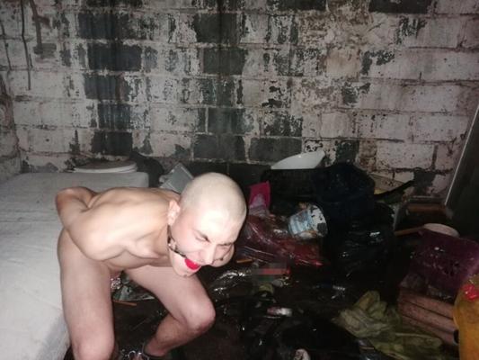 Gay slave tied in night in Abandoned places