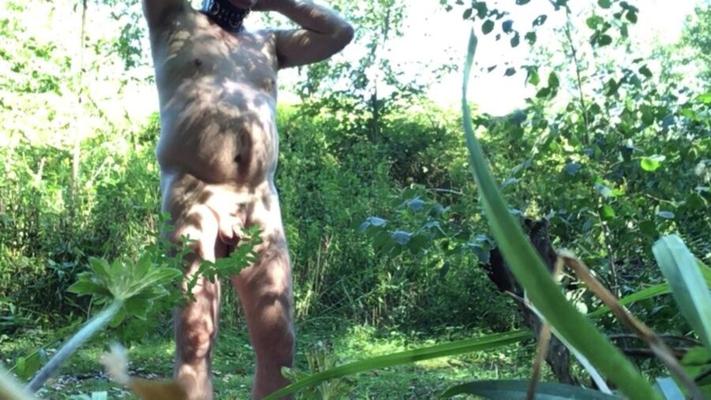 Naked slave exposed in public blindfolded and dildo up his ass