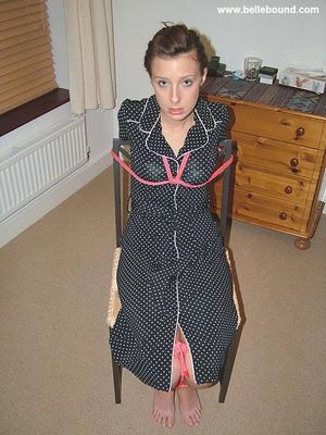 Chrissy - Chair tied, ball-gagged barefoot in a polka dot dress