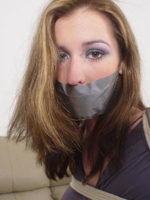 Alexis Exposed breasts and extreme high heels, tape gagged, silk