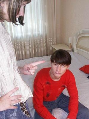 Spanking - Boy in red sweater spanking older woman