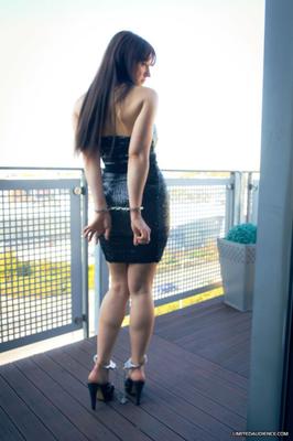 Becky - Manacled on the balcony in strapless dress and mules